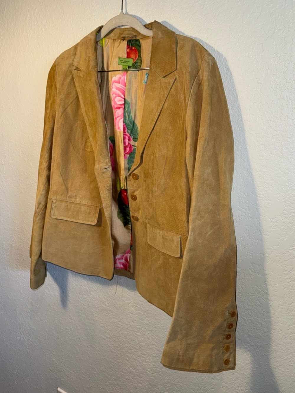 John Carlisle Vintage Tan Suede Bell Sleeve Jacket Butterfly Floral Lining Large